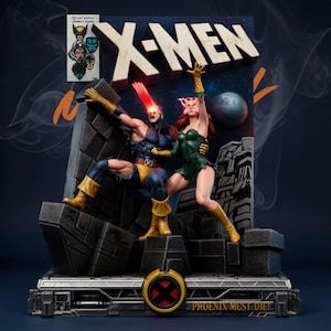 May include: A detailed X-Men statue featuring Cyclops and Jean Grey in action poses. Cyclops is in a blue and yellow costume with a red eye beam. Jean Grey is in a green outfit. The base has the text "PHOENIX MUST DIE!"