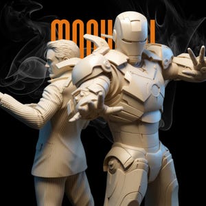 May include: A beige sculpture of Iron Man in a dynamic pose, alongside a figure in a suit. The word "MOOUU" is in orange block letters above the figures. The background is black with wisps of smoke.