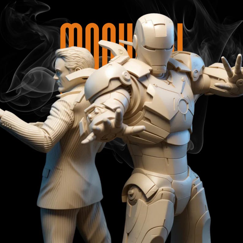 May include: A beige sculpture of Iron Man in a dynamic pose, alongside a figure in a suit. The word "MOOUU" is in orange block letters above the figures. The background is black with wisps of smoke.