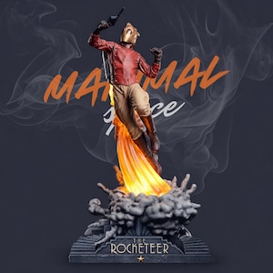 May include: A statue of a figure in a red jacket, tan pants, and a gold helmet, holding a gun and flying on a rocket. The base reads "THE ROCKETEER" with a star. Orange text reads "ANIMAL force" with smoke effects.