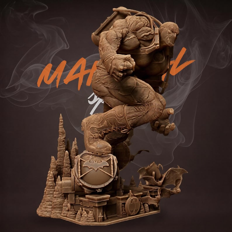 May include: A brown statue of a muscular figure in a dynamic pose, with a backpack and detailed boots. The statue is mounted on a base with architectural elements and a Batman symbol. The word "MAN" is visible in orange.