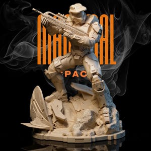 Puede incluir: Estatua beige de un soldado futurista sosteniendo un rifle, de pie sobre una base rocosa. La estatua tiene una armadura detallada y un casco. Las palabras "IMPERIAL" y "PAC" están impresas en naranja en la imagen.
