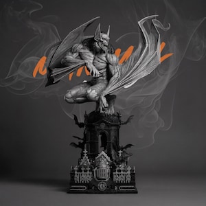 May include: A detailed statue of a gargoyle creature with large wings, perched atop a gothic-style structure. The statue is gray with intricate detailing, and the base features bats and architectural elements. The word "NIGHTMARE" is written in orange.