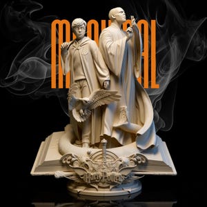 May include: A cream-colored statue featuring Harry Potter and Voldemort, with an owl and the words "MAGICAL" in orange. The base of the statue is a book with the words "Harry Potter" and a crest. The background is black with wisps of smoke.