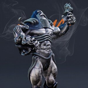 May include: A detailed sculpture of a muscular figure in a futuristic suit. The figure is primarily silver and black, with a blue helmet and intricate tubing details. The figure is holding a stylized flame in one hand.