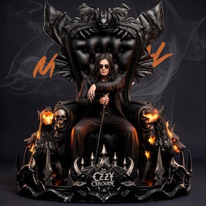 May include: A detailed image of a person seated on a gothic throne. The throne is black with intricate carvings and a bat-wing design. The person is wearing black clothing and sunglasses, holding a cane. The image includes the text "OZZY OSBOURNE".