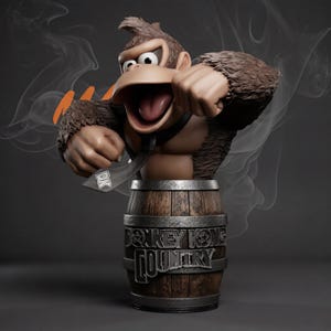 May include: A Donkey Kong bust statue with a brown fur texture, open mouth, and a tie with "DK" on it. The statue is mounted on a wooden barrel with the words "Donkey Kong Country" in silver lettering.