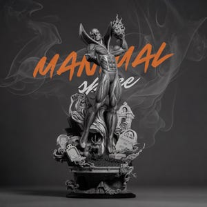 Peut inclure: Statue en niveaux de gris d'une figure musclée tenant une tête enflammée, sur une base avec des éléments de cimetière. La statue a une anatomie détaillée et se détache sur un fond enfumé. Les mots "MANUAL" et "skare" sont écrits en orange et blanc.