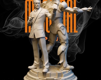 Diorama STL de Iron Man y Tony Stark: Estatua icónica de dos personajes / Pose X / One Piece / Modelo imprimible en 3D