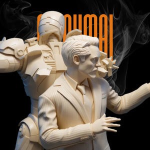 May include: A cream-colored sculpture featuring a man in a suit and a robotic figure. The man is gesturing with his right hand. The word "DUMAI" is written in orange vertically. Smoke-like shapes are in the background.