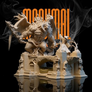 May include: A detailed beige fantasy sculpture featuring a winged demon with a sword facing a wizard. The sculpture is set on a detailed base with archways and figures. The word "MOONMAL" is displayed in orange.