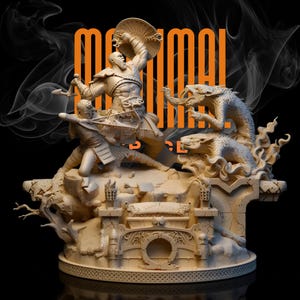 May include: A detailed sculpture of a battle scene with figures and mythical creatures. The sculpture features a warrior with a shield and sword, another figure with a bow, and two dragon-like creatures. The text "MAXIMAL FORCE" is displayed in orange.