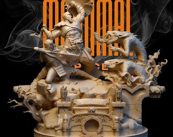 Diorama STL de God of War: Kratos y Atreus contra Bestias / Pose X a escala de One Piece / Con soporte y sin soporte