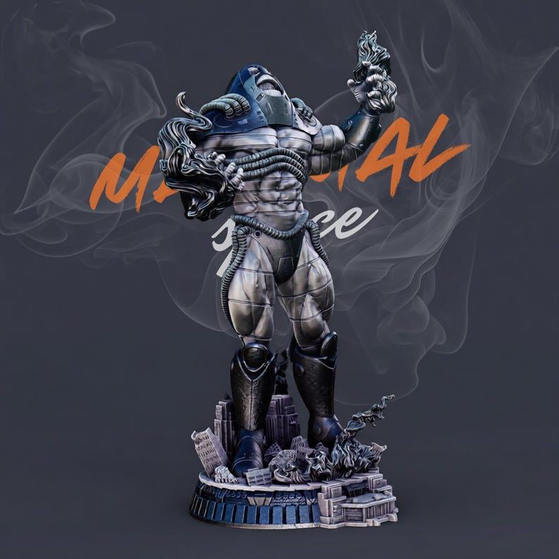 May include: A detailed statue of a muscular figure in a futuristic suit, holding a fiery object. The figure has a blue helmet and intricate cabling. The base features architectural details. The word "METAL" is visible in orange.