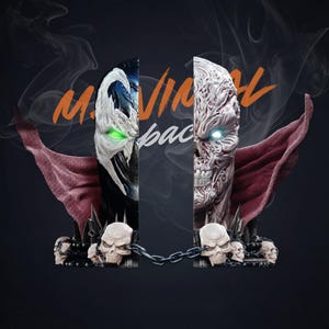 May include: A split image of a Spawn figure, showcasing two sides of the character. One side features a detailed mask with glowing green eyes, the other a skeletal face with glowing blue eyes. The figure has a red cape and is surrounded by skulls and chains. The text "M. Vinyl bac" is visible.