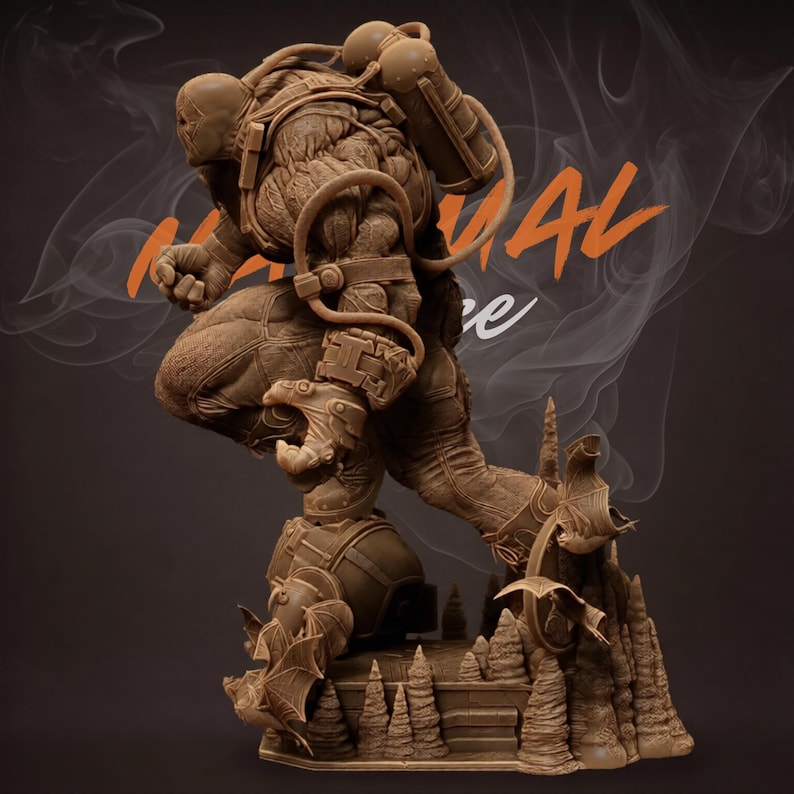May include: A detailed brown sculpture of a figure in a dynamic pose, wearing a helmet and gear, with a backpack and tubes. The figure is standing on a base with a bat-like creature. The word "VAL" is visible in orange.
