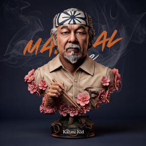 May include: A bust of Mr. Miyagi from The Karate Kid, with a tan shirt, headband, and grey beard. Pink flowers decorate the bust, and the text "MAN" and "AL" are visible. The base reads "The Karate Kid".