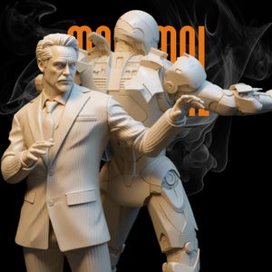 May include: A 3D-printed sculpture featuring two figures: a man in a pinstripe suit and a futuristic armored figure. The figures are light-colored against a black background with orange text and smoky effects. The man is in a suit and tie, while the other figure is in a robotic suit.