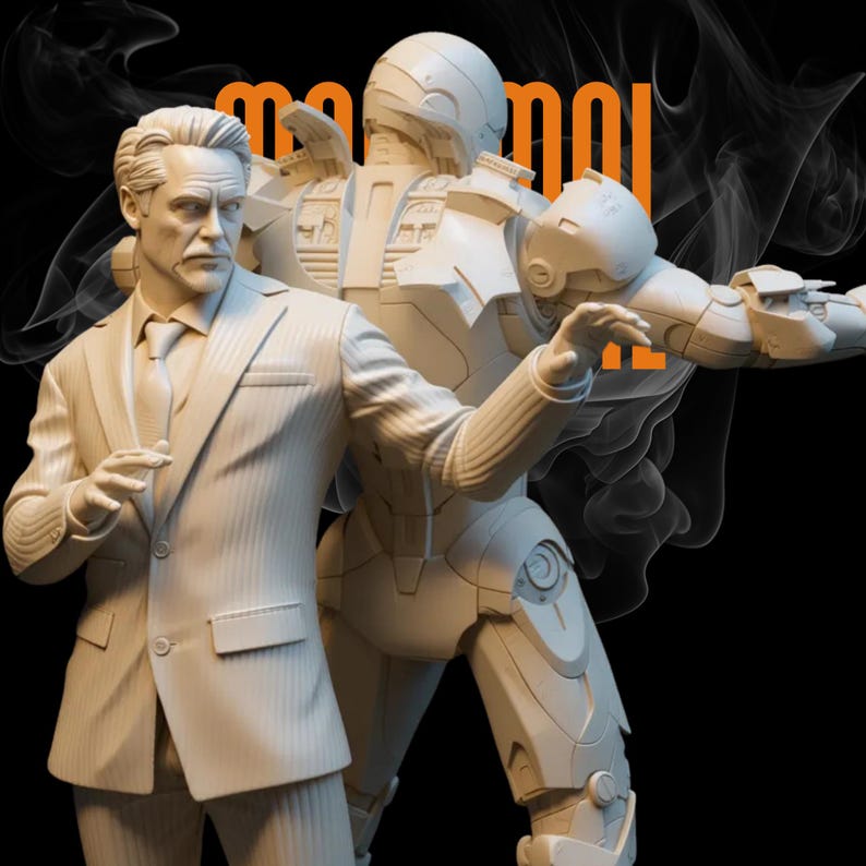 May include: A 3D-printed sculpture featuring two figures: a man in a pinstripe suit and a futuristic armored figure. The figures are light-colored against a black background with orange text and smoky effects. The man is in a suit and tie, while the other figure is in a robotic suit.