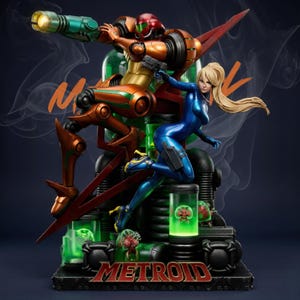 May include: A detailed statue featuring characters from the Metroid video game series. The statue depicts a figure in a blue suit and a robotic figure in orange and green armor, with the word "METROID" at the base.