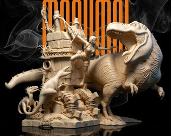 Peut inclure: Une sculpture beige représentant une femme, des dinosaures et des éléments architecturaux. La sculpture comprend un T-Rex, des dinosaures plus petits et une femme en action. Le texte "TOMB RAIDER" et "HIDDEN TOMB" est visible sur la base, avec le mot "MOQUIMOI" au-dessus.