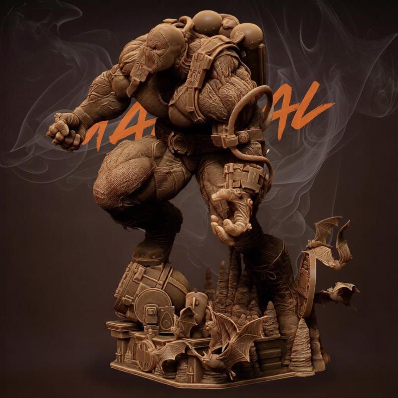 May include: A detailed brown sculpture of a muscular figure in a futuristic outfit, posed dynamically. The sculpture is mounted on a base with architectural and bat-like elements. The word "MARIAL" is written in orange.