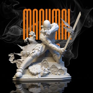 May include: A white figurine of a character in a dynamic pose, holding a sword. The figurine is on a base with a detailed landscape. The word "MAGNUM" is written in orange block letters above the figure. Smoke-like effects are in the background.