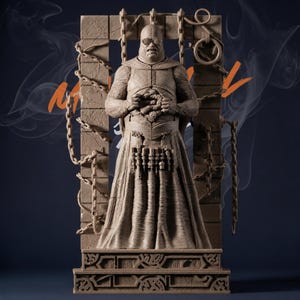 May include: A detailed sculpture of a figure in a long robe, wearing round glasses, and holding a circular object. The figure stands within a stone archway with chains and a decorative base. The sculpture is a neutral tan color.