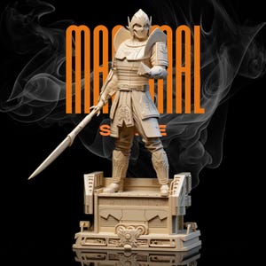 May include: A beige warrior figurine in full armour, holding a spear and a small object. The figurine stands on a detailed platform. The word "MAGICAL" is printed in orange vertically on the left side of the image.