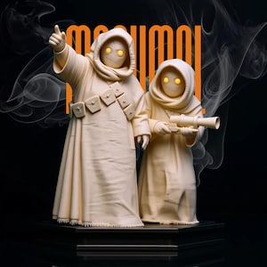May include: A pair of cream-colored figures with glowing yellow eyes, wearing hooded robes, and standing on a black base. One figure points upward, while the other holds a cylindrical device. The word "moomool" is written in orange.