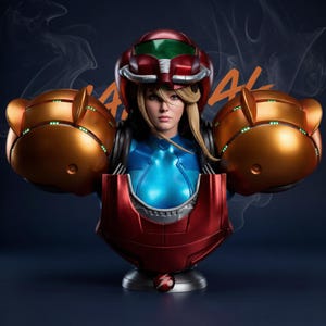 Puede incluir: Busto de una mujer con un traje espacial futurista. El casco es rojo con una visera verde, y la armadura es una mezcla de rojo, dorado y azul. El busto tiene la palabra "ARMORAL" en naranja en el lateral.