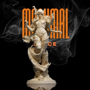 Può includere: Una statua color crema di un'arciere femminile con un'armatura intricata e un mantello fluente. La statua è montata su una base con teschi e un design a vortice. Il testo "MAXIMAL" e "SCIENCE" è visualizzato in arancione.