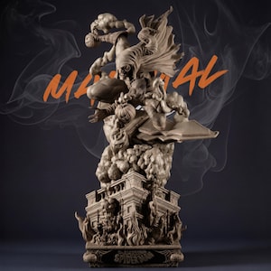 May include: A beige statue of the Green Goblin from Spider-Man, with the word "MAGICAL" in orange. The statue features the Green Goblin on a glider, with a pumpkin bomb and a book. The base of the statue has the words "AMAZING SPIDER-MAN".