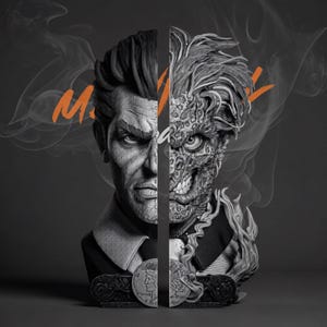 May include: A grayscale bust sculpture of the DC Comics character Two-Face, split vertically to show his normal and disfigured sides. The word "M" is written in orange. Two coins are at the base.