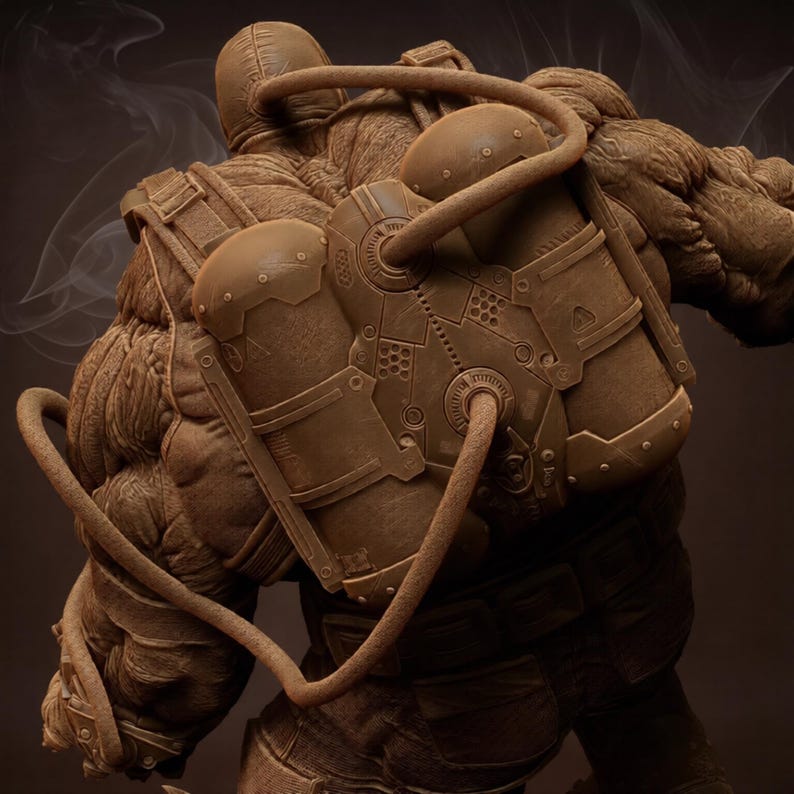 May include: A brown, textured figure with a backpack-like apparatus and tubing. The figure is seen from the back, with a helmet-like head covering. The backpack has a mechanical design with rivets and circular elements. The overall aesthetic suggests a futuristic or industrial theme.