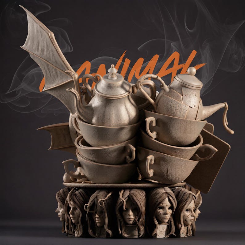 May include: A sculpture featuring stacked teacups and teapots, with a bat-like wing and the word "ANIMAL" in orange. The base of the sculpture is adorned with sculpted faces. The color palette is primarily neutral tones against a dark background.