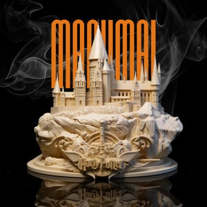 May include: A cream-colored model of Hogwarts Castle, with intricate architectural details, sits atop a rocky base. The base features a crest with the words "Harry Potter." The word "MAGNUM" is written in orange block letters above the castle.