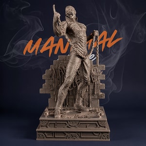 May include: A detailed brown statue of a figure holding chains, with a menacing expression and a raised finger. The statue is set against a backdrop of a brick wall and a decorative base. The word "MANUAL" is written in orange.
