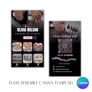Könnte beinhalten: Zwei schwarze vertikale Flyer mit Nagelkunstbildern und Text. Ein Flyer zeigt "Olivia Wilson" und "Gel X Nail Tech" mit einer Schaltfläche "Jetzt buchen". Der andere sagt "Bleiben Sie in Verbindung" mit einem QR-Code zum Buchen und Informationen zu "Polished Playground".