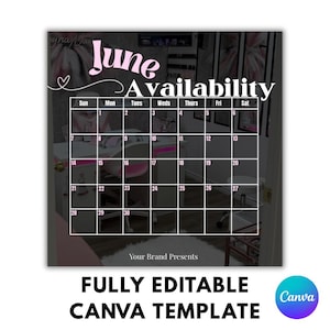 Peut inclure: Un modèle de calendrier de disponibilité de juin rose et blanc. La grille du calendrier est blanche avec les dates et les jours de la semaine. Les mots "June Availability" sont en rose. Le bas de l'image indique "FULLY EDITABLE CANVA TEMPLATE".