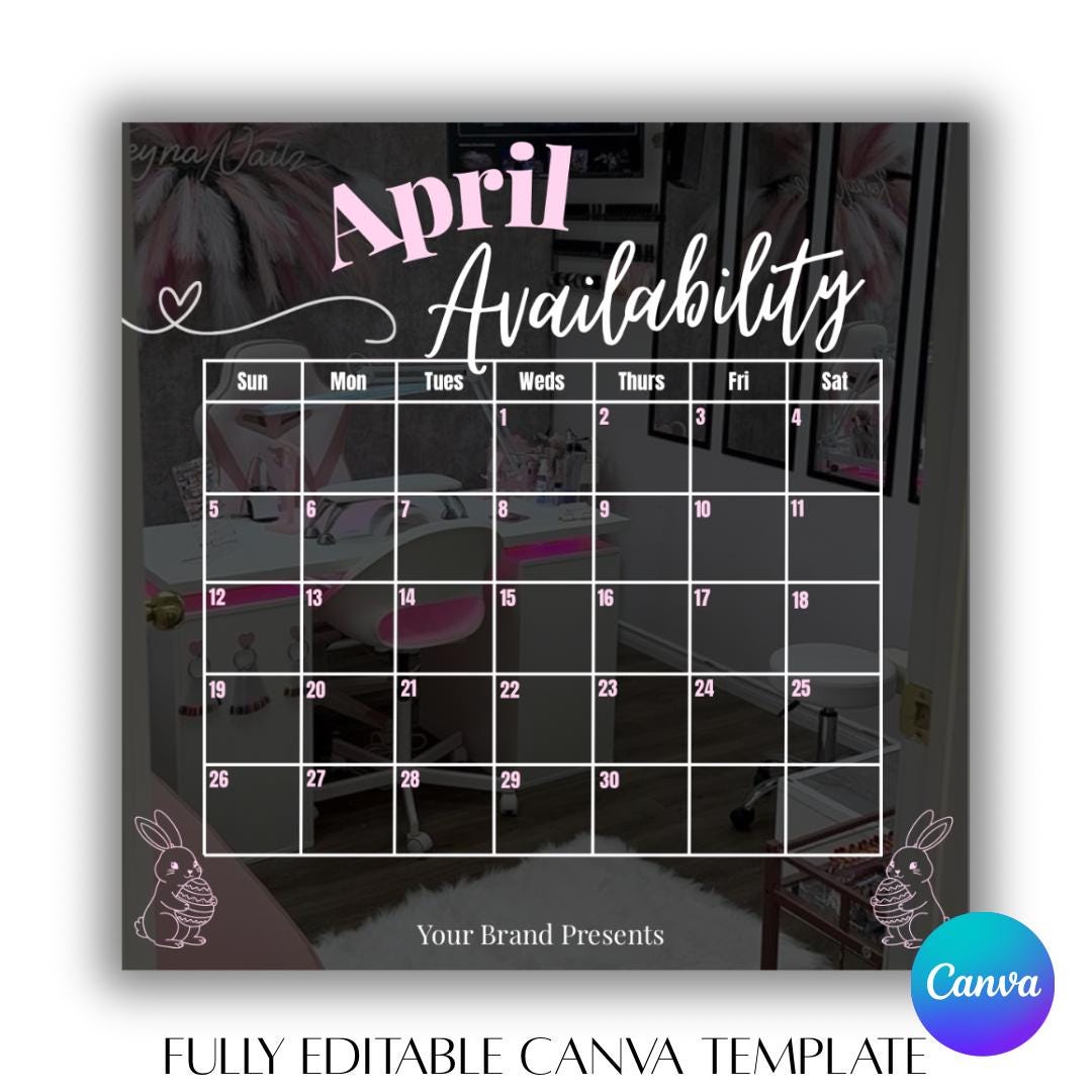 April Availability Calendar | Pink, Canva Template (digital Download - Etsy