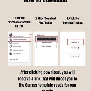 May include: A guide on how to download a digital product from Etsy. The image shows three steps: finding the "Purchases" section, clicking the "Download Files" button, and clicking the "Download" button. Text explains the process after clicking download.