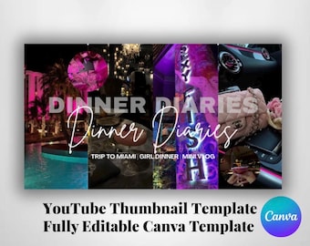 Luxus Lebensstil YouTube Thumbnail Template, Miami Travel Vlog, Girl Dinner (Canva)