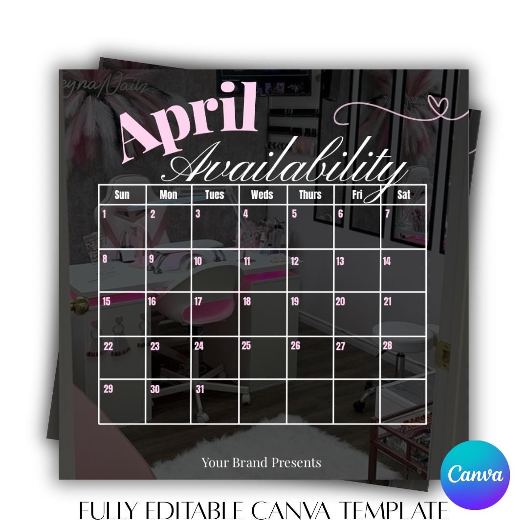 April Availability Calendar | Pink, Canva Template (digital Download - Etsy