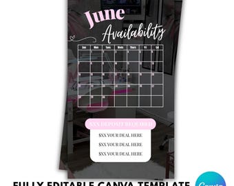 Juni Verfügbarkeit Instagram Story Template | Pink Beauty Business Canva Kalender (Digitaler Download)