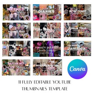 11 Plantillas de miniaturas de YouTube para vloggers de estilo de vida / Kit Canva rosa femenino (Descarga digital)