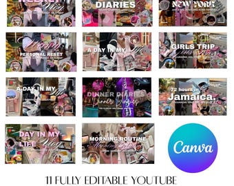 11 Lifestyle Vlogger YouTube Miniaturansicht Vorlagen | Rosa Girly Canva Kit (Digitaler Download)