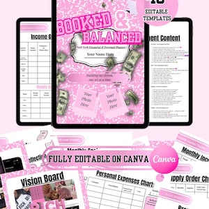 May include: Pink digital planner with the text "BOOKED & BALANCED" and "Nail Tech Financial & Personal Planner". Includes templates for income, expenses, vision board, and brand identity. The planner is fully editable on Canva.