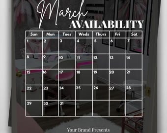 March Availability Calendar | Pink, Canva Template (Digital Download