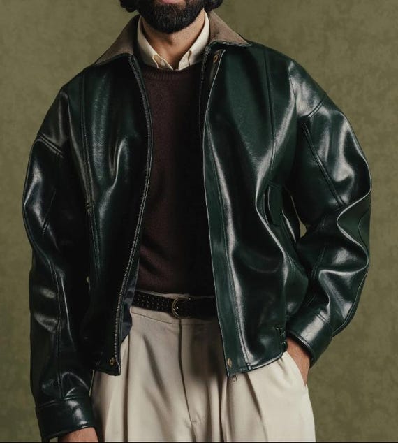 Garden Green Faux Leather Jacket – Relaxed Fit, Drop Shoulder